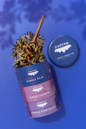 Justea purple tea trio spilling out