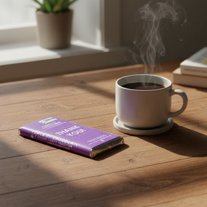 thank you chocolate bar on desk beside coffee