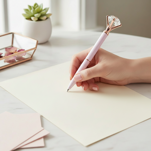 woman writing with pink pen with gem
