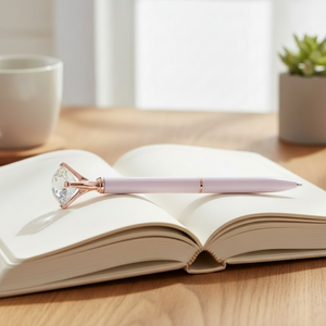 pink pen with gem on journal