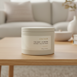 Anchor fig leaf + almond candle on coffee table