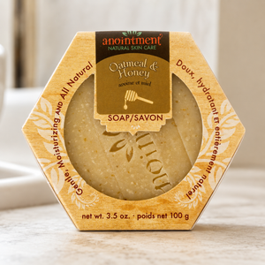 Anointment Oatmeal and Honey Soap on bathroom counter