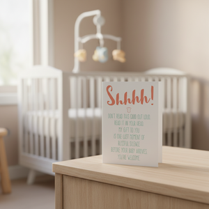 Shhhh Baby Shower Card on table near crib
