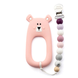 Pink bear silicone teether Little Cheeks with keychain attached