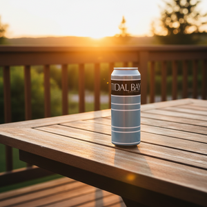 Benjamin Bridge Tidal Bay can on a table on a deck