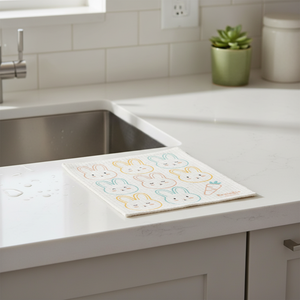 Bunny Swedish dishcloth beside sink