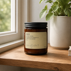 Calm soy candle on a wooden shelf 