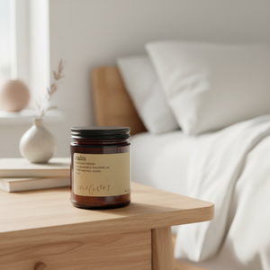 Soy candle labeled 'calm' on a wooden table with a bed and decor in the background