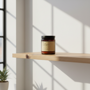 Calm soy candle on a wooden shelf 