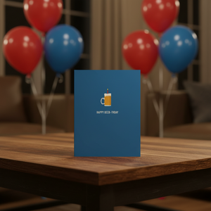 Classy Cards Happy Beer-thday Card on table with balloons