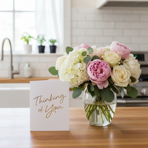 Thinking of You Card Wrinkle and Crease on kitchen counter beside flowers