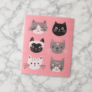 Cats Meow Swedish dishcloth on marble counter