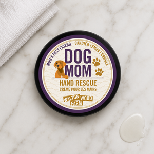 Dog Mom hand cream by Walton Wood Farm on bathroom counter