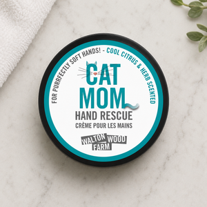 Cat Mom hand cream by Walton Wood Farm on bathroom counter