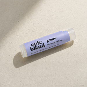 Grape lip balm Epic Blend on counter