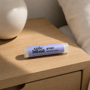 Grape lip balm Epic Blend on bedside table