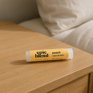 Vegan peach lip balm Epic Blend on bedside table