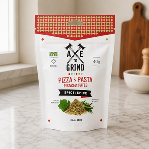 Pizza and pasta spice blend Axe to Grind on counter