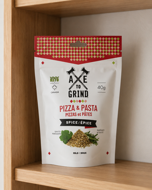 Pizza and pasta spice blend Axe to Grind in pantry