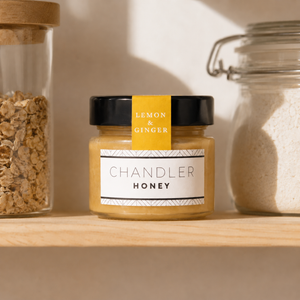 Chandler Honey Lemon Ginger Honey on pantry shelf