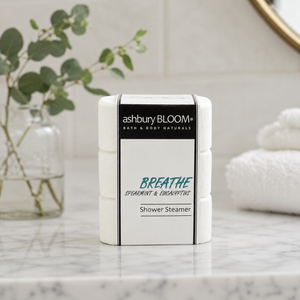 Breathe Shower Steamers by Ashbury Bloom on counter