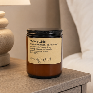 Cozy Cabin Soy Candle onefive1 on bedside table