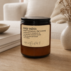 Cozy Cabin Soy Candle onefive1 on coffee table