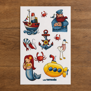 Fisherman temporary tattoo sheet on table