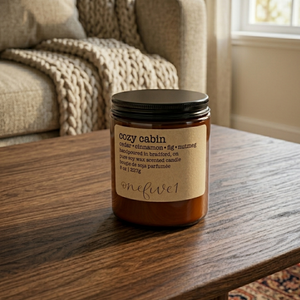 Cozy Cabin Soy Candle onefive1 on coffee table