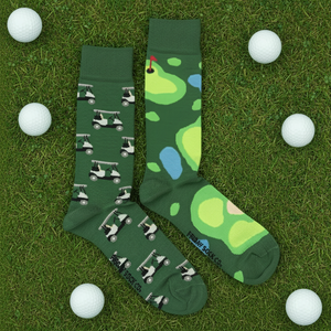 Friday Sock Co Men's Golf Socks surrounded by golf balls