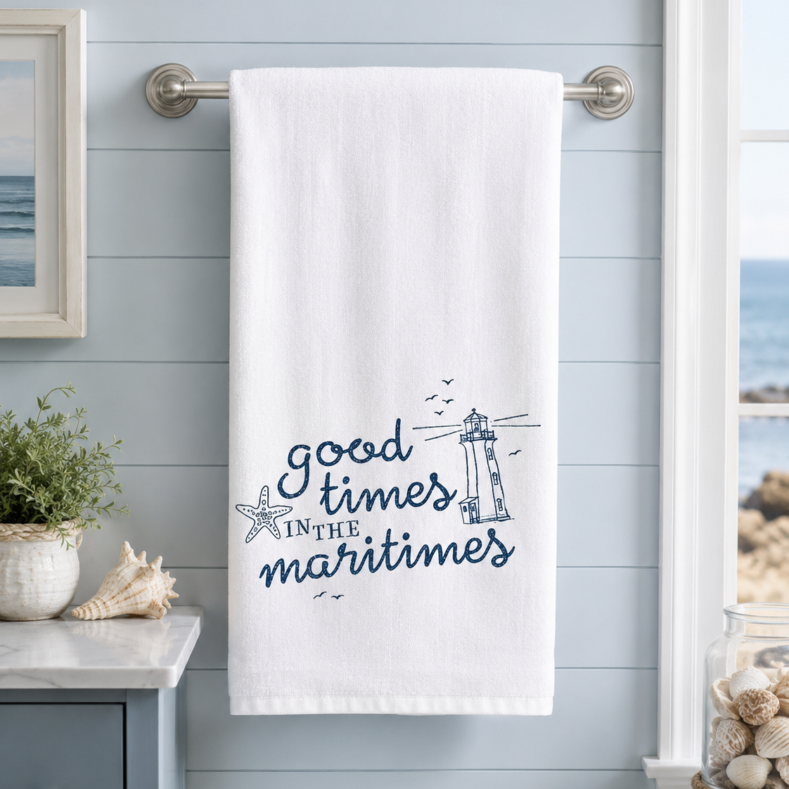 Good Times in the Maritimes Towel The Far Far Away Shop on towel bar