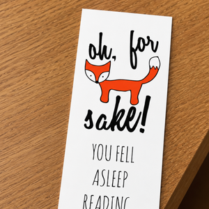Hi Love Oh For Fox Sake closeup of bookmark on bookshelf ledge