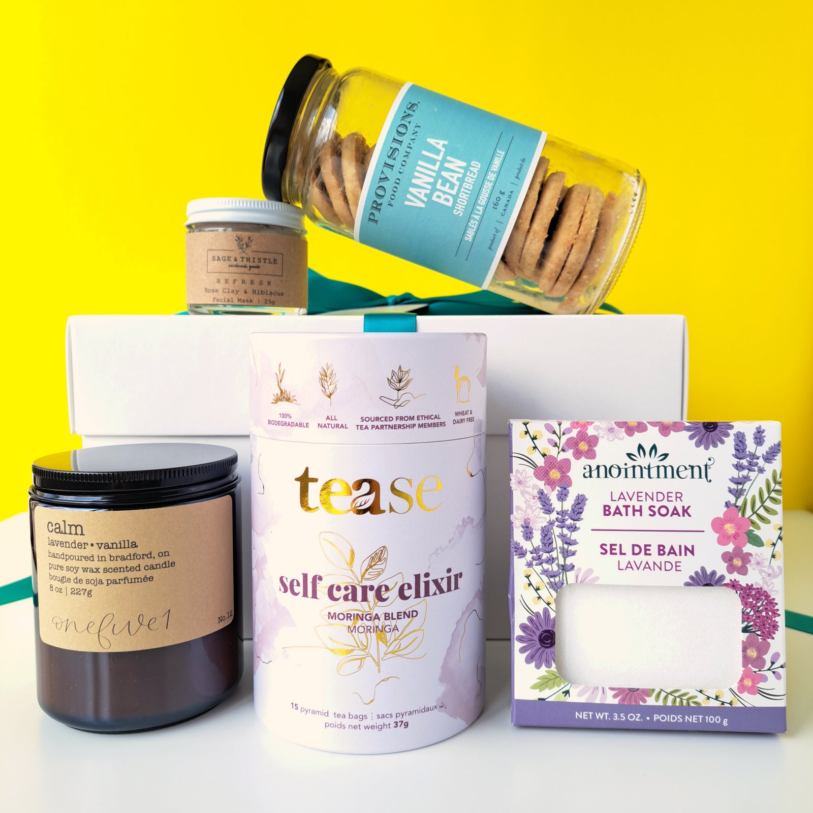 Canadian gift box with cookies, tea, and a candle