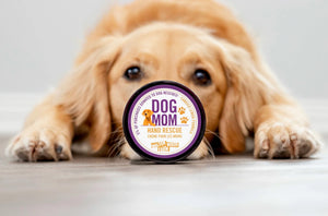 Dog Mom hand cream by Walton Wood Farm in front of dog