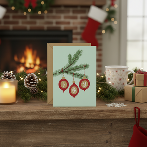 Joy Christmas Card in front of fireplace