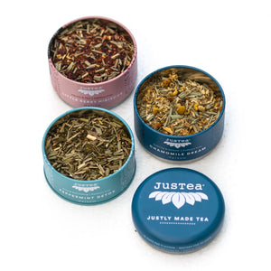 Justea Herbal Tea Trio three open tins and lid