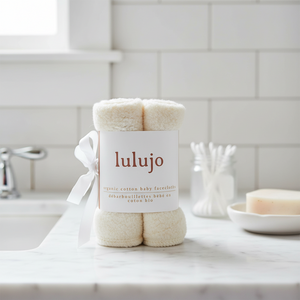 Lulujo organic cotton washcloths on bathroom counter