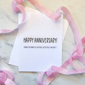 Stevie and Bean Happy Anniversary Card beside ribbon