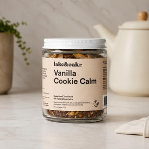 Lake & Oak Vanilla Cookie Calm Superfood Tea Blend on counter in front of kettle