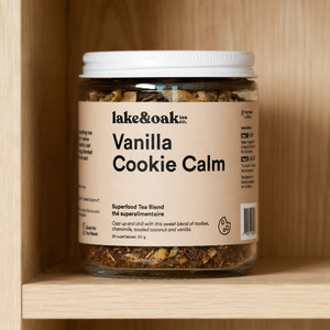 Lake & Oak Vanilla Cookie Calm Superfood Tea Blend on pantry shelf