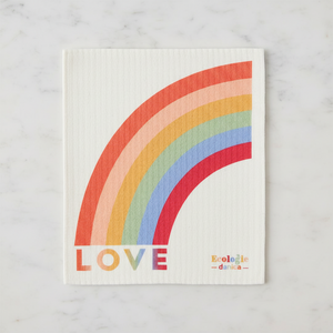 Rainbow love is love Swedish dishcloth on marble counter