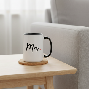 Mrs Mug Pretty by Her on coaster beside couch