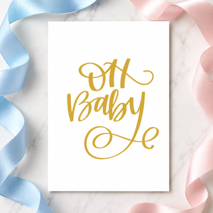 Oh Baby Card Stevie and Bean surrounded by pink and blue ribbons