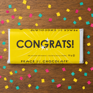 Peace by Chocolate Congrats Chocolate Bar surrounded by confetti