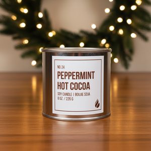Peppermint hot cocoa paint can soy candle wreath background