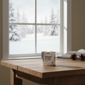 Peppermint hot cocoa paint can soy candle in front of window