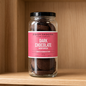 Provisions dark chocolate shortbread jar on pantry shelf