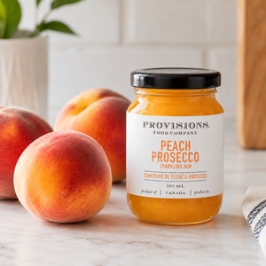Provisions peach and prosecco sparkling jam on kitchen counter