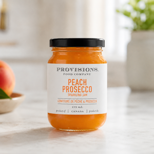Provisions peach and prosecco sparkling jam on kitchen table