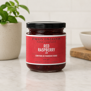 Red Raspberry Jam Provisions on kitchen counter